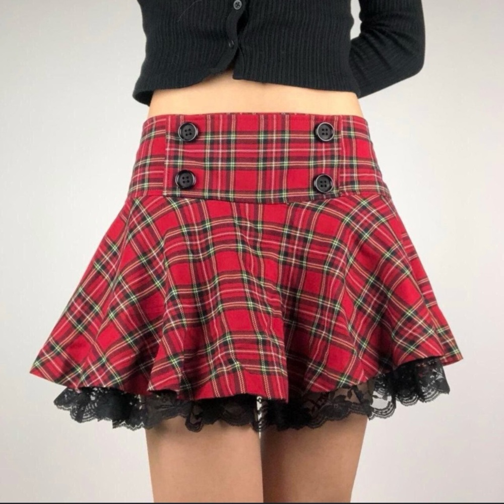 Forever 21 Red Plaid Mini Skirt with Black Lace
